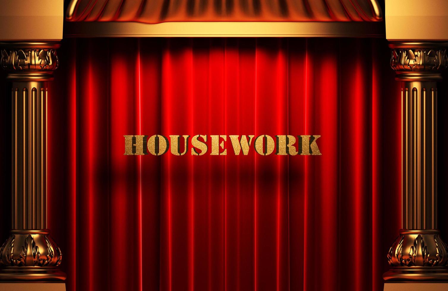 Hausarbeit goldenes Wort auf rotem Vorhang foto