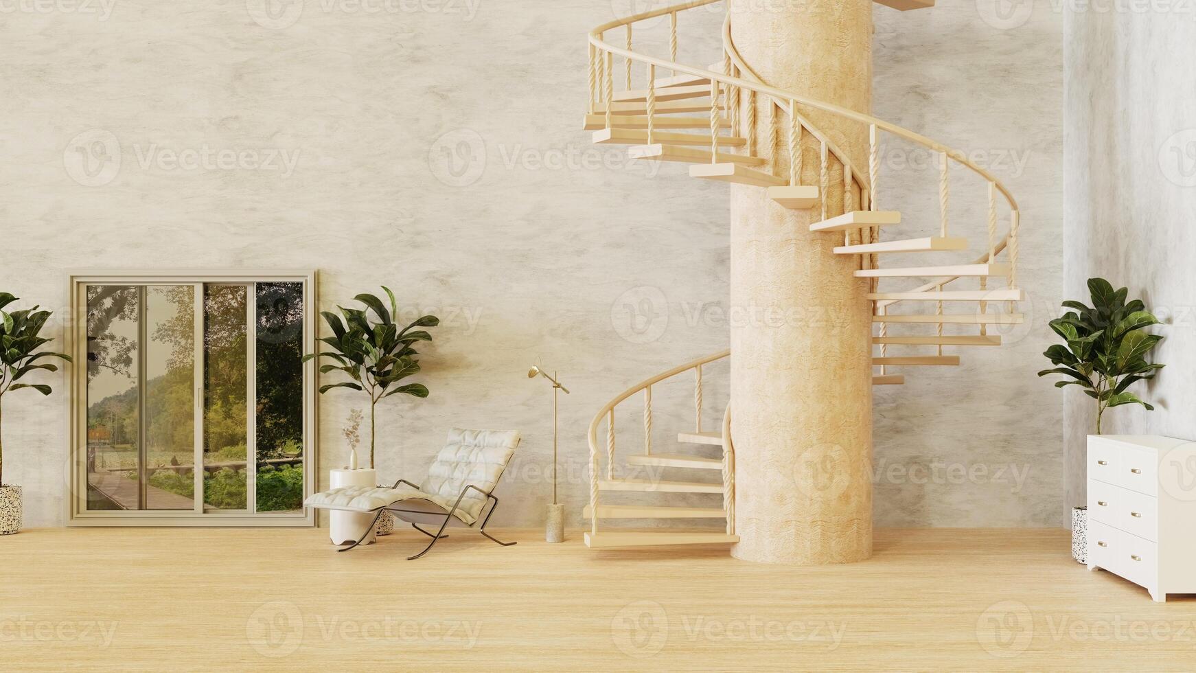 Hintergrund eines sauberen und warmen Wohnzimmers mit Wendeltreppe, 3D-Darstellung foto