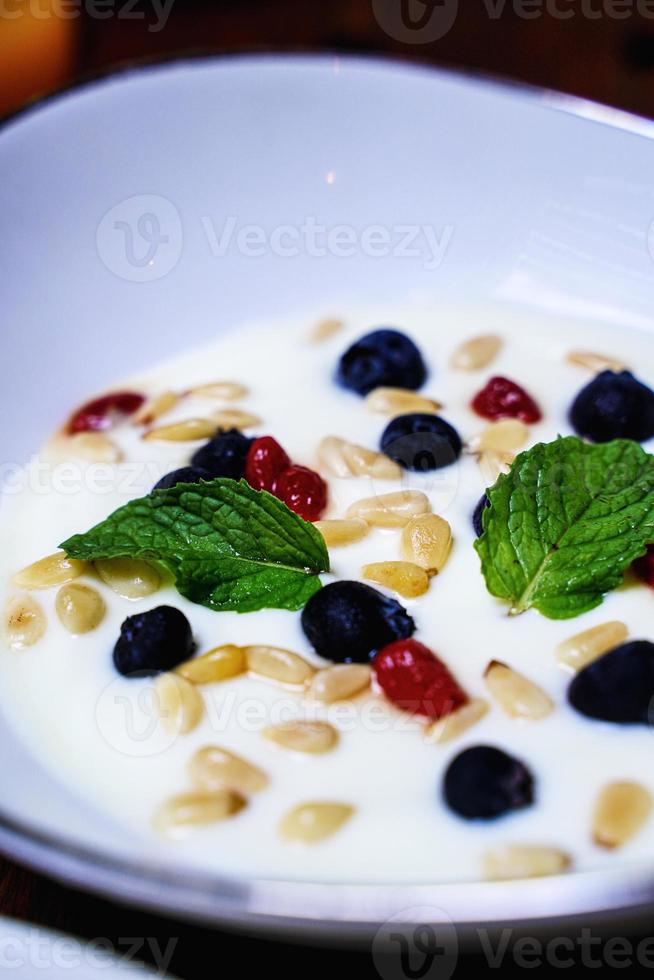 morgens griechisches joghurt-haferflocken-müsli, bunte lebensmittel mit beeren, brombeere in geschlagener milchschüssel. Fruchtdessert süß und frisch. köstliche weiße creme hausgemachte plattenmahlzeit, gesunde ernährung. foto