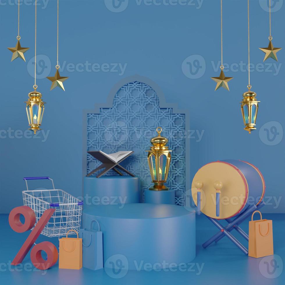 ramadan kareem grußvorlage mit arabischen laternen, trommel, einkaufstasche, prozentsymbol und wagen. podium, das auf dem hintergrund für werbeprodukte steht - 3d-rendering-illustration für karten. foto