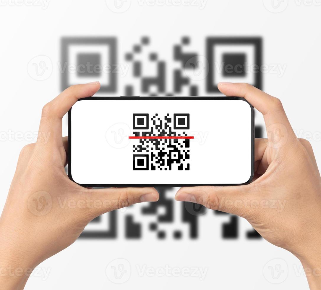Hand mit Handy-Smartphone-Scan-QR-Code. barcodeleser, qr-code-zahlung, bargeldlose technologie, digitales geldkonzept foto