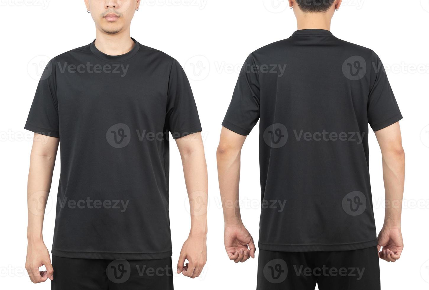 junger Mann im schwarzen Sport-T-Shirt Mockup vorne und hinten als Designvorlage verwendet, isoliert auf weißem Hintergrund mit Beschneidungspfad foto