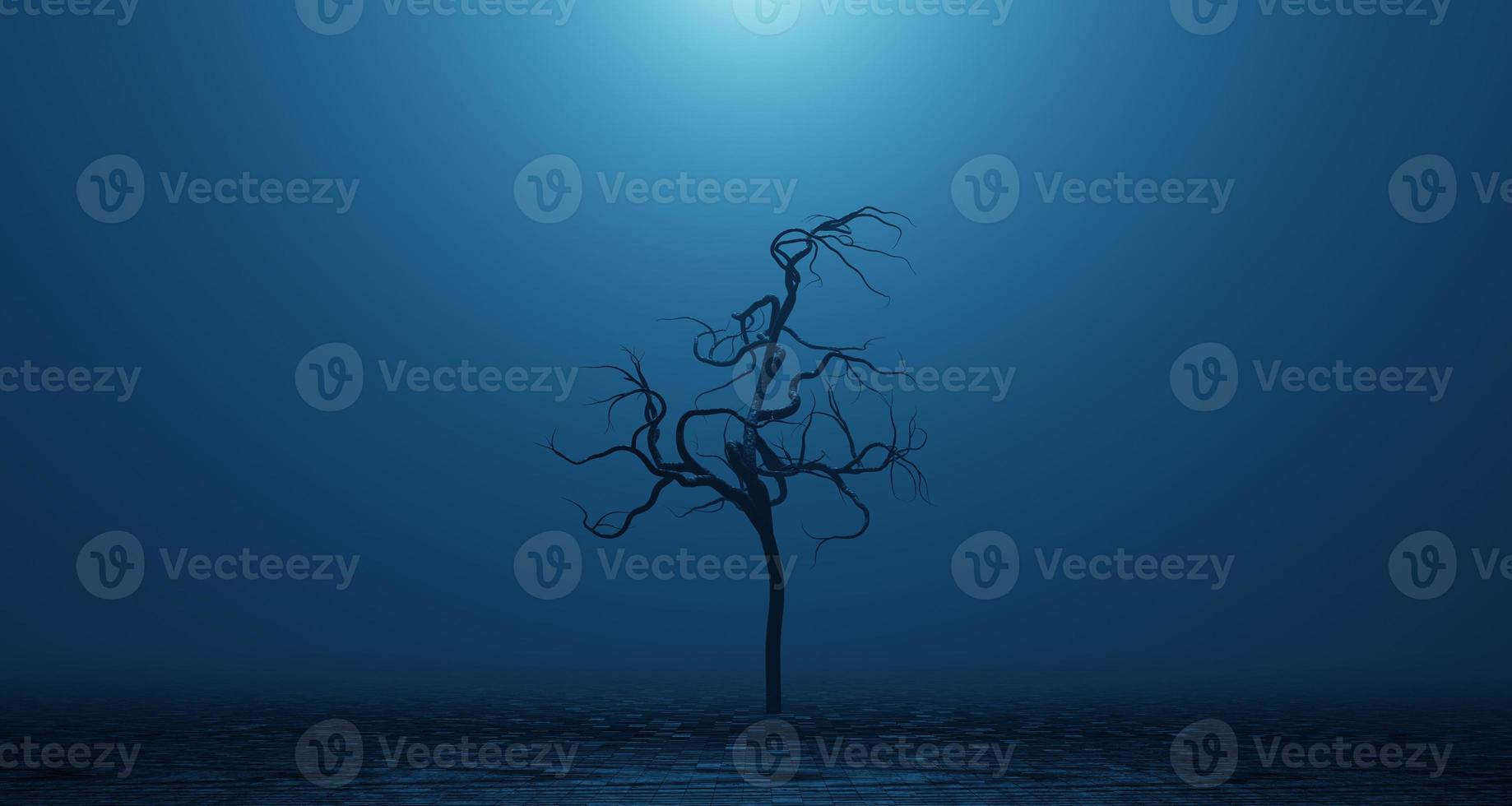 verwelkter, toter, schiefer Baum. surrealer blauer rauch, nebel. abstraktes Konzept düsterer, unheimlicher Ort. 3D-Rendering foto