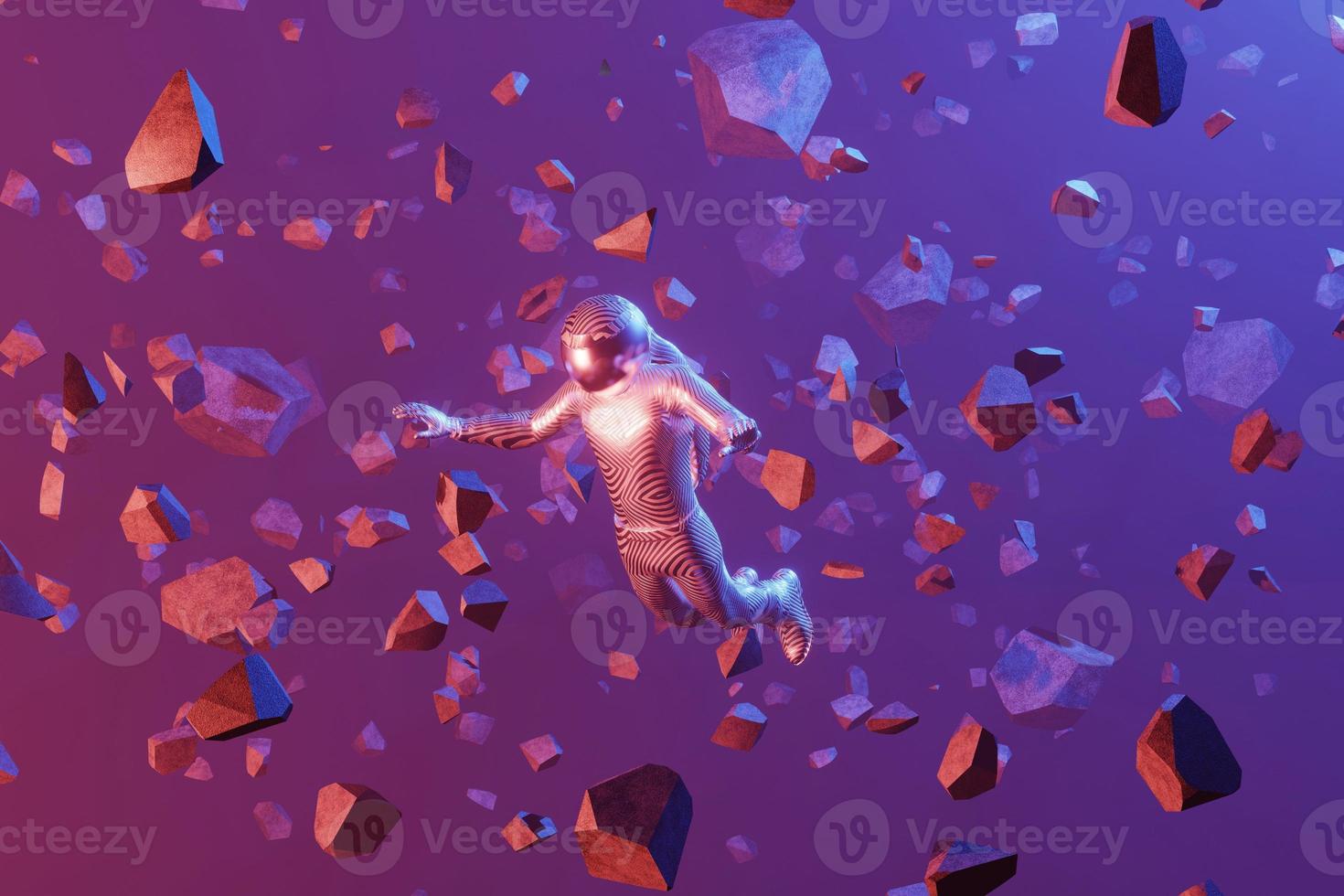Der Astronaut fliegt, umgeben von Steinfragmenten, Asteroiden. 3D-Rendering foto