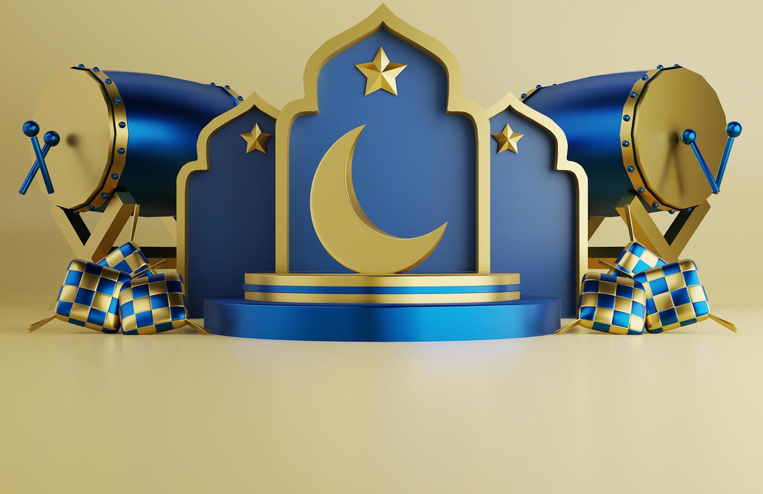 islamischer ramadan-grußhintergrund mit traditioneller trommel 3d, stern, arabischen laternen und moscheenverzierung foto