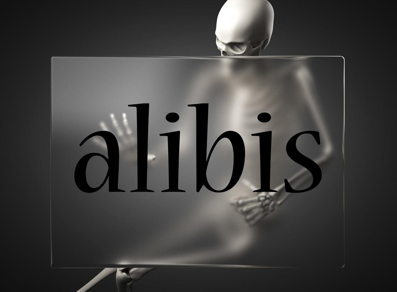 Alibis-Wort auf Glas und Skelett foto