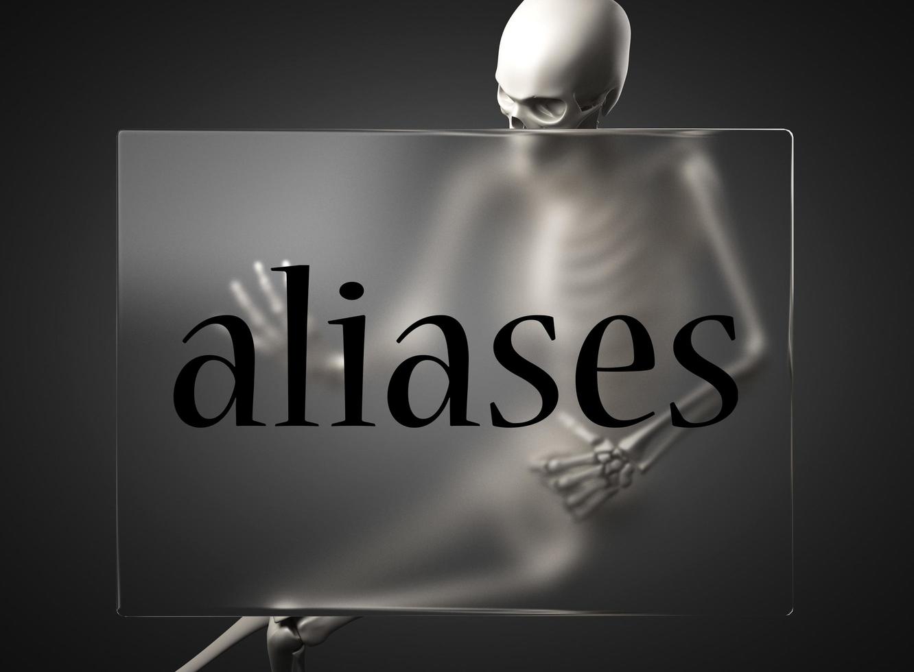 Alias-Wort auf Glas und Skelett foto