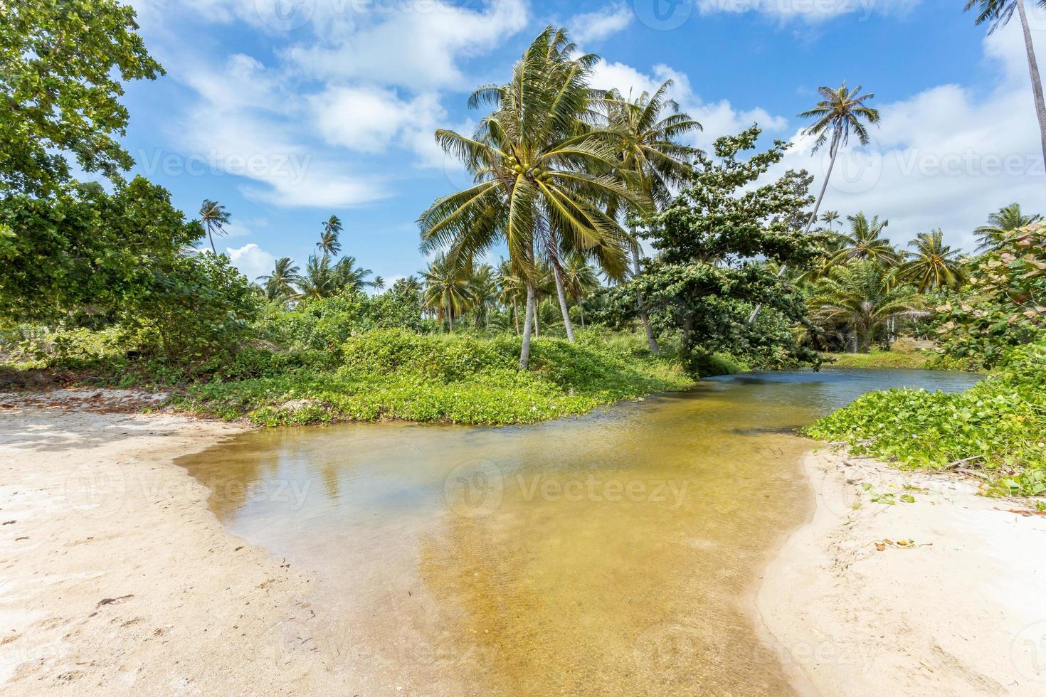 Meerblick vom tropischen Strand mit sonnigem Himmel. sommerparadiesstrand der insel koh samui. tropisches Ufer. tropisches meer in thailand. exotischer sommerstrand mit wolken am horizont. foto