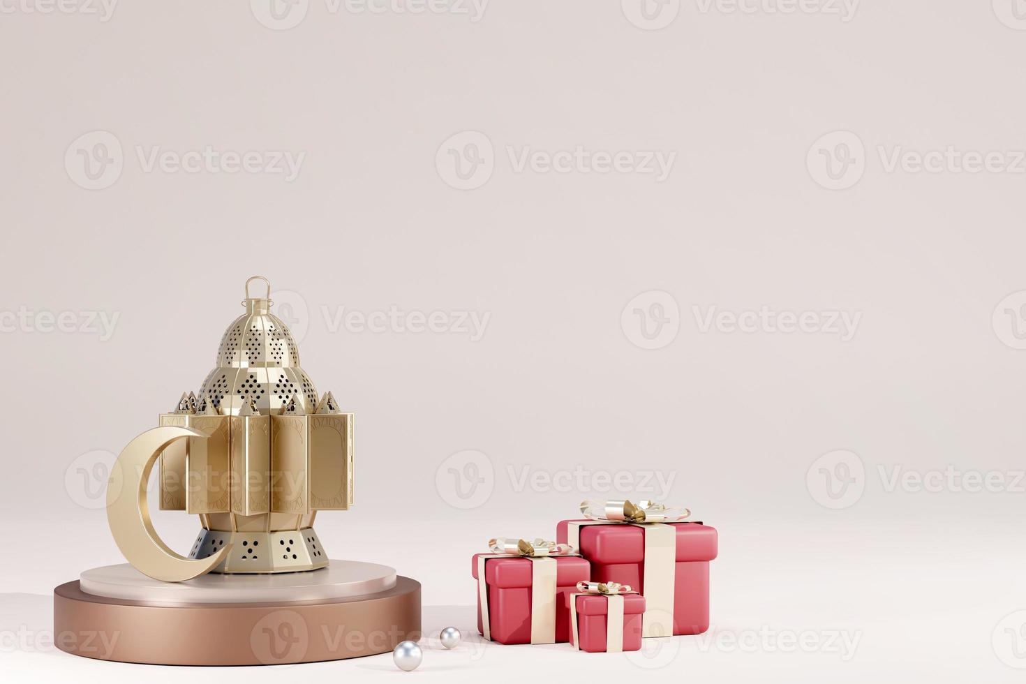 ramadan kareem islamischer grußhintergrund mit realistischem 3d-goldenem halbmond, geschenkbox und laterne. kreatives Design Grußkarte, Banner, Poster. traditioneller islamischer heiliger feiertag, 3d-rendering foto