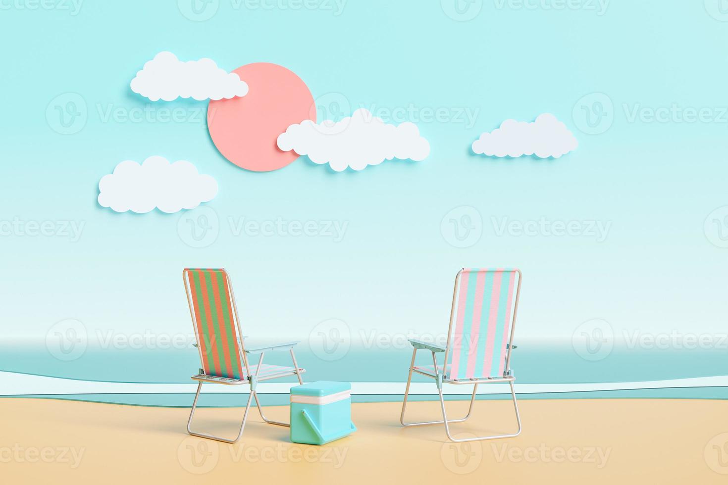 Liegestühle auf einer Cartoon-Strandlandschaft foto