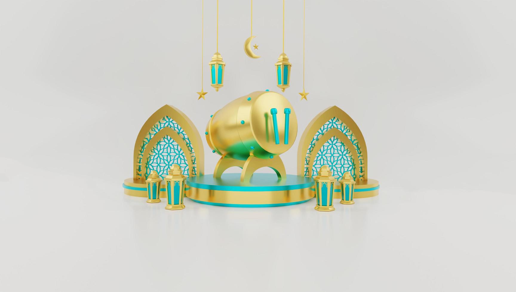 islamischer podiumsdekorationshintergrund mit mond, laterne und trommel. designkonzept ramadan kareem, iftar, isra miraj, eid al fitr adha, muharram, kopierraumtext, 3d-illustration. foto