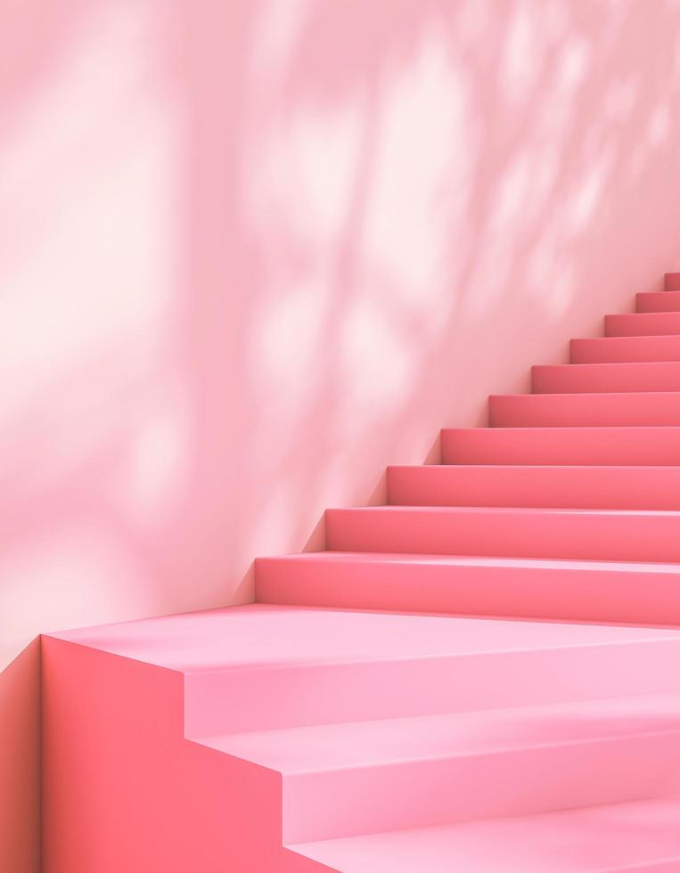 rosafarbene Treppe und Sonnenschutz tropische Pflanzen an der Wand, abstrakter Hintergrund. 3D-Rendering foto