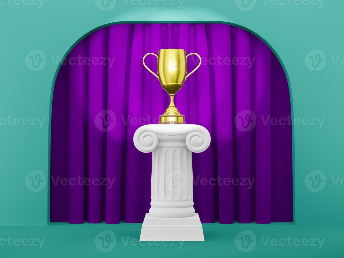 abstrakte podiumsäule mit einer goldenen trophäe auf dem grünen hintergrundbogen mit fuchsia curtian. das siegespodest ist ein minimalistisches konzept. 3D-Rendering. foto