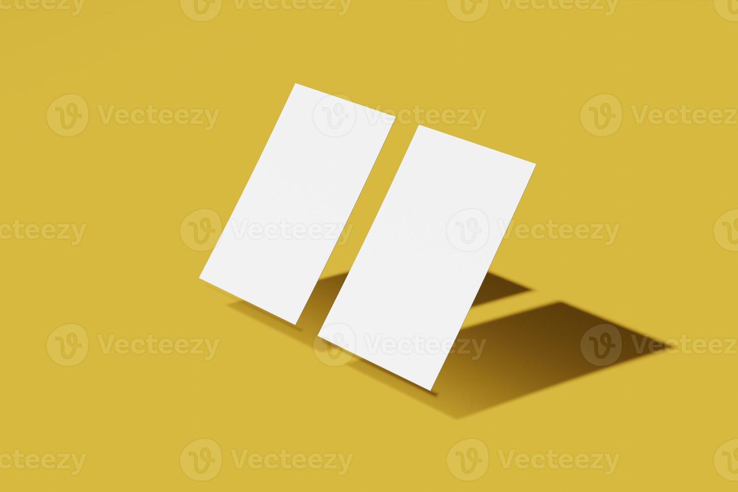 zwei leere Geschäfts- oder Namenskarten auf gelbem Hintergrund. 3D-Rendering foto