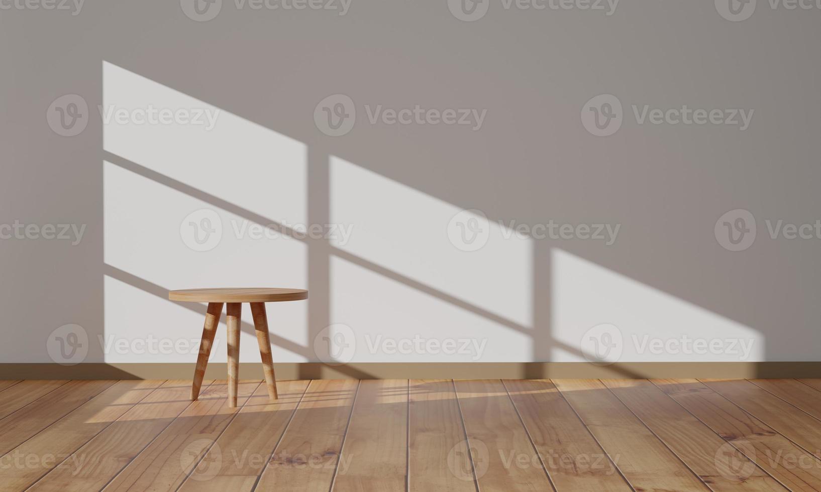 minimalistischer leerer raum und holzboden mit licht aus dem fenster. 3D-Rendering foto