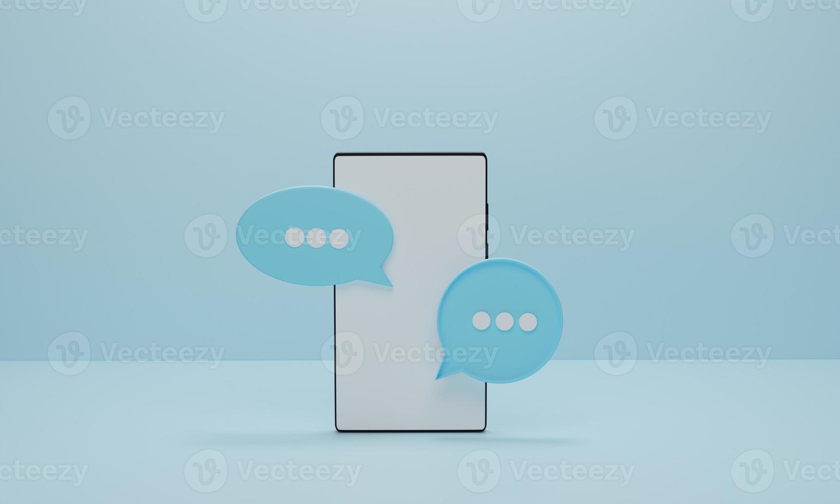 Mobiles Smartphone und Chat-Blasen auf blauem Pastellhintergrund. Mockup minimal für soziale Medien, Nachrichten oder SMS. 3D-Darstellung. foto