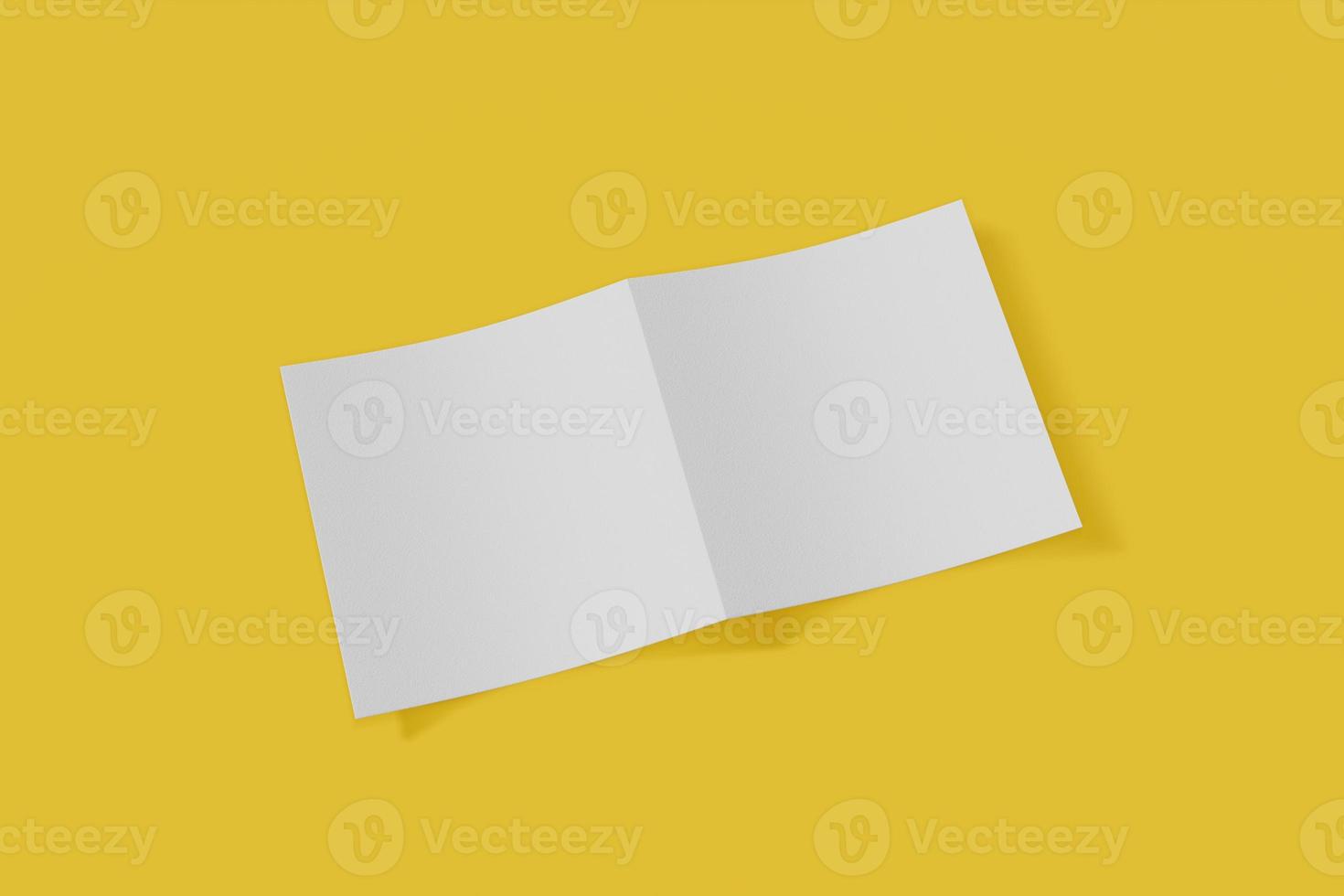 modell quadratische broschüre, broschüre, einladung isoliert auf gelbem hintergrund mit weichem einband und realistischem schatten. 3D-Rendering. foto