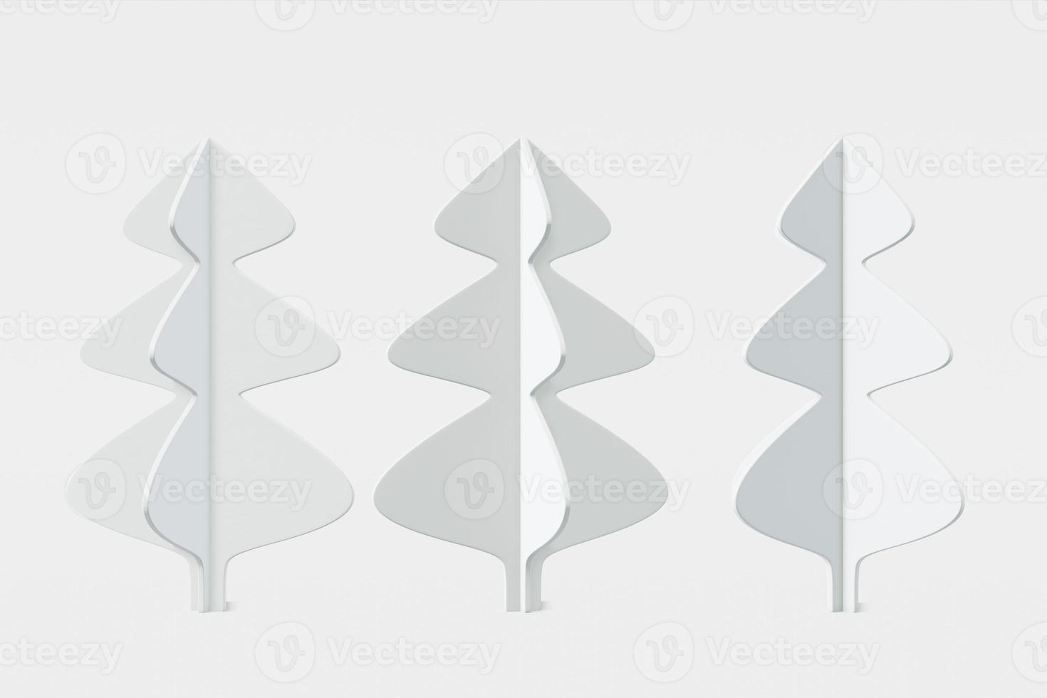 satz weihnachtsbäume stilvolle formen aus weißem papier, holz. konzeptillustration kiefer auf hellem hintergrund, grußkarte, glückwunsch, einladung. 3D-Rendering foto