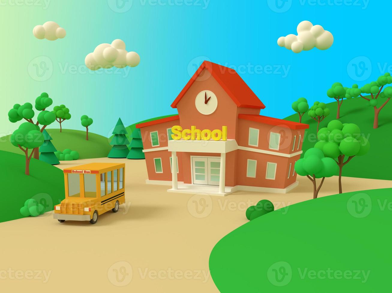 Schulgebäude und gelber Bus mit grüner Sommerlandschaft. zurück zur Schule. Abbildung im volumetrischen Stil. 3D-Rendering. foto