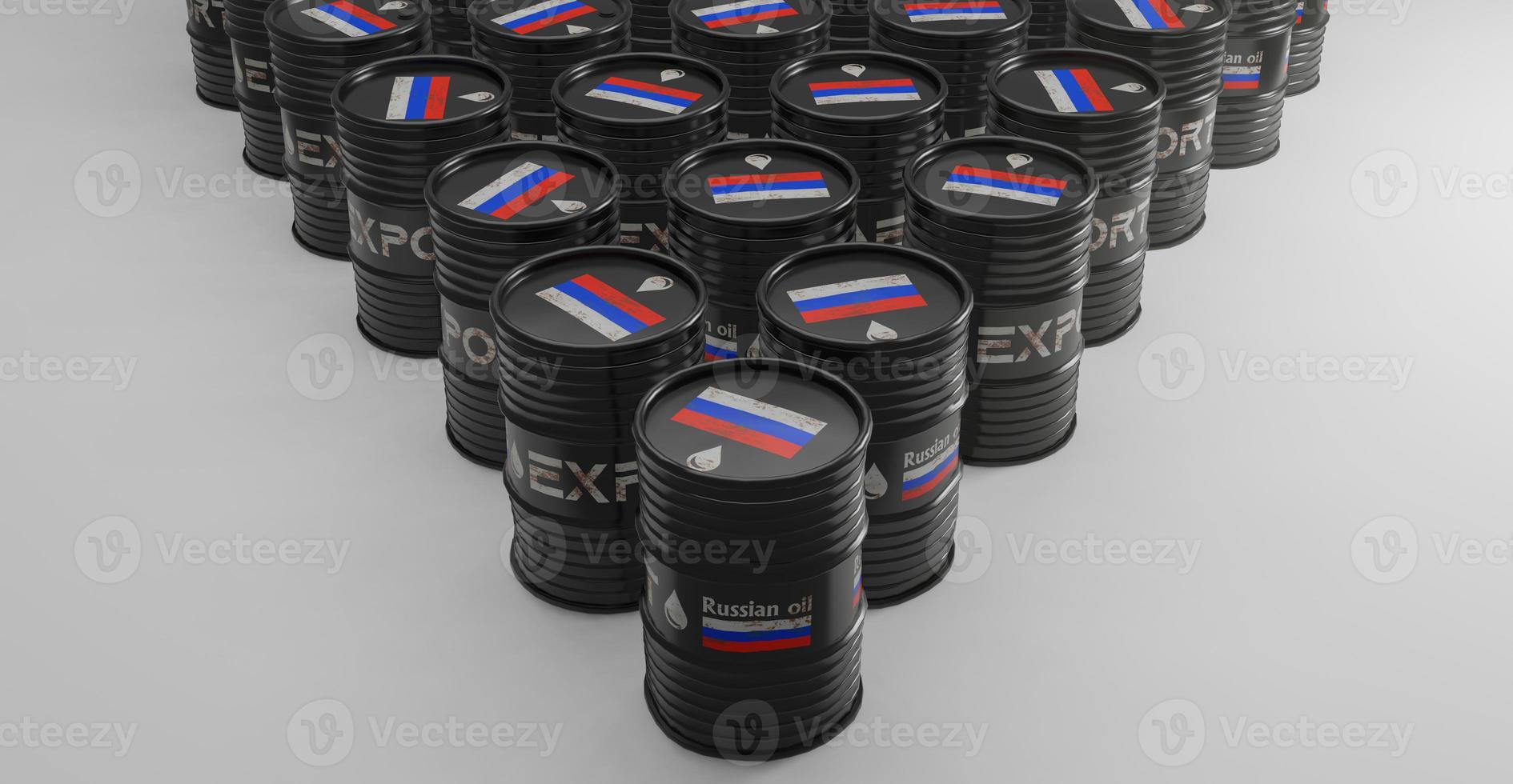 russisches öl, russlandflagge auf fass, öl für den export, sanktionen gegen russisches öl. 3D-Arbeit und 3D-Illustration foto