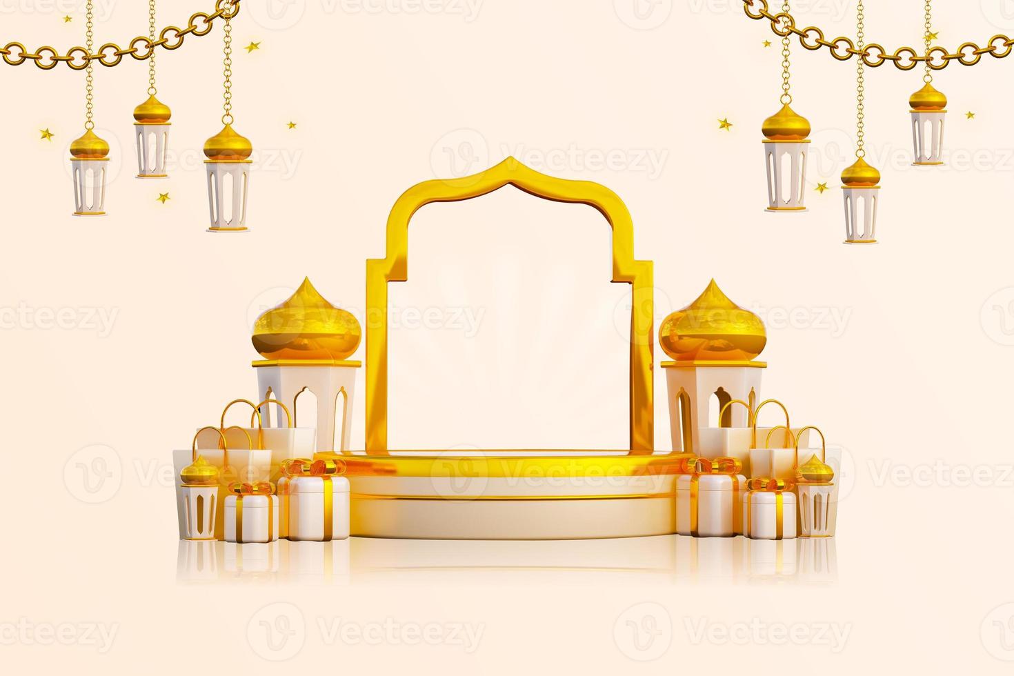 luxus-ramadan-gruß-hintergrundbanner mit 3d-podium-geschenkboxen und islamischen dekorationsobjekten foto