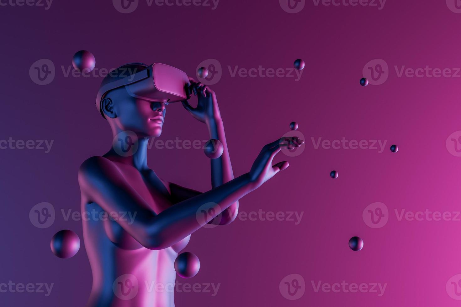 3D-Mädchen mit Virtual-Reality-Brille und Kugeln herum foto
