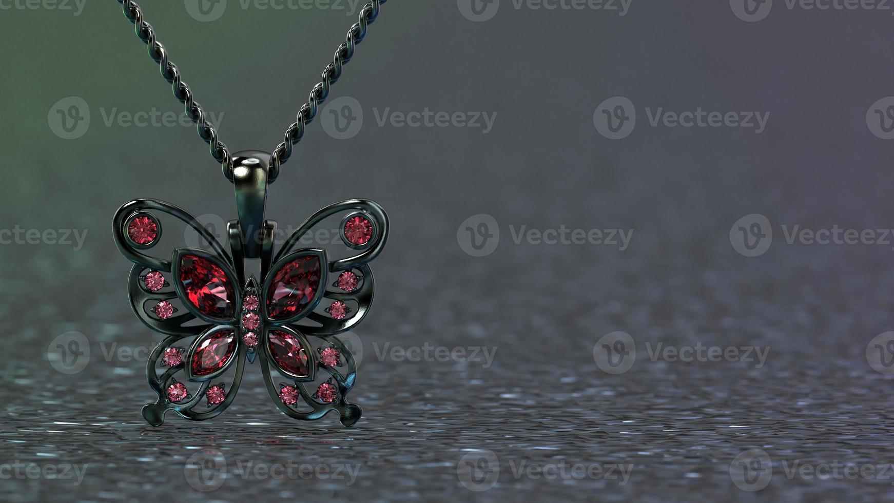 Wunderschöner Schmetterlingsanhänger 3D-Render in Schwarzgold und rubinbesetzten Steinen foto