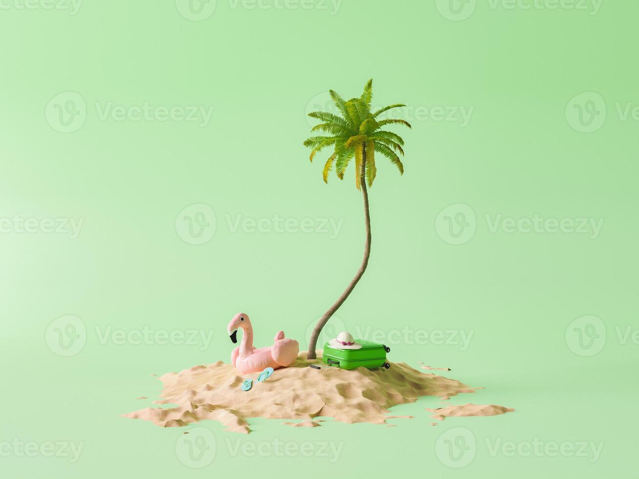 sandstrandinsel mit palme und flamingoschwimmer foto