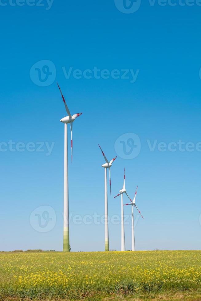 blick über die schöne bauernhoflandschaft mit rapsgelb am blütenfeld, windkraftanlagen zur erzeugung grüner energie in deutschland, frühling, blauer himmel und sonniger tag. foto