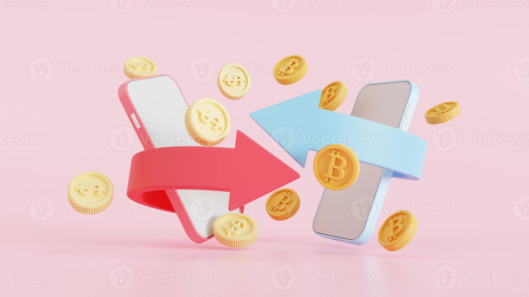 bitcoin digitales geldkonzept. geldüberweisung an die handybank, 3d-illustration foto