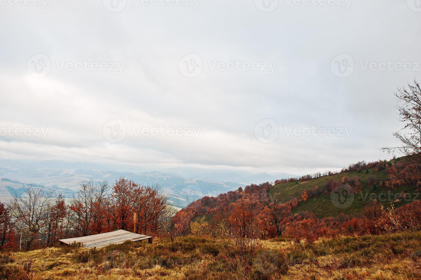 holzboden auf herbstrotem wald und bergen foto