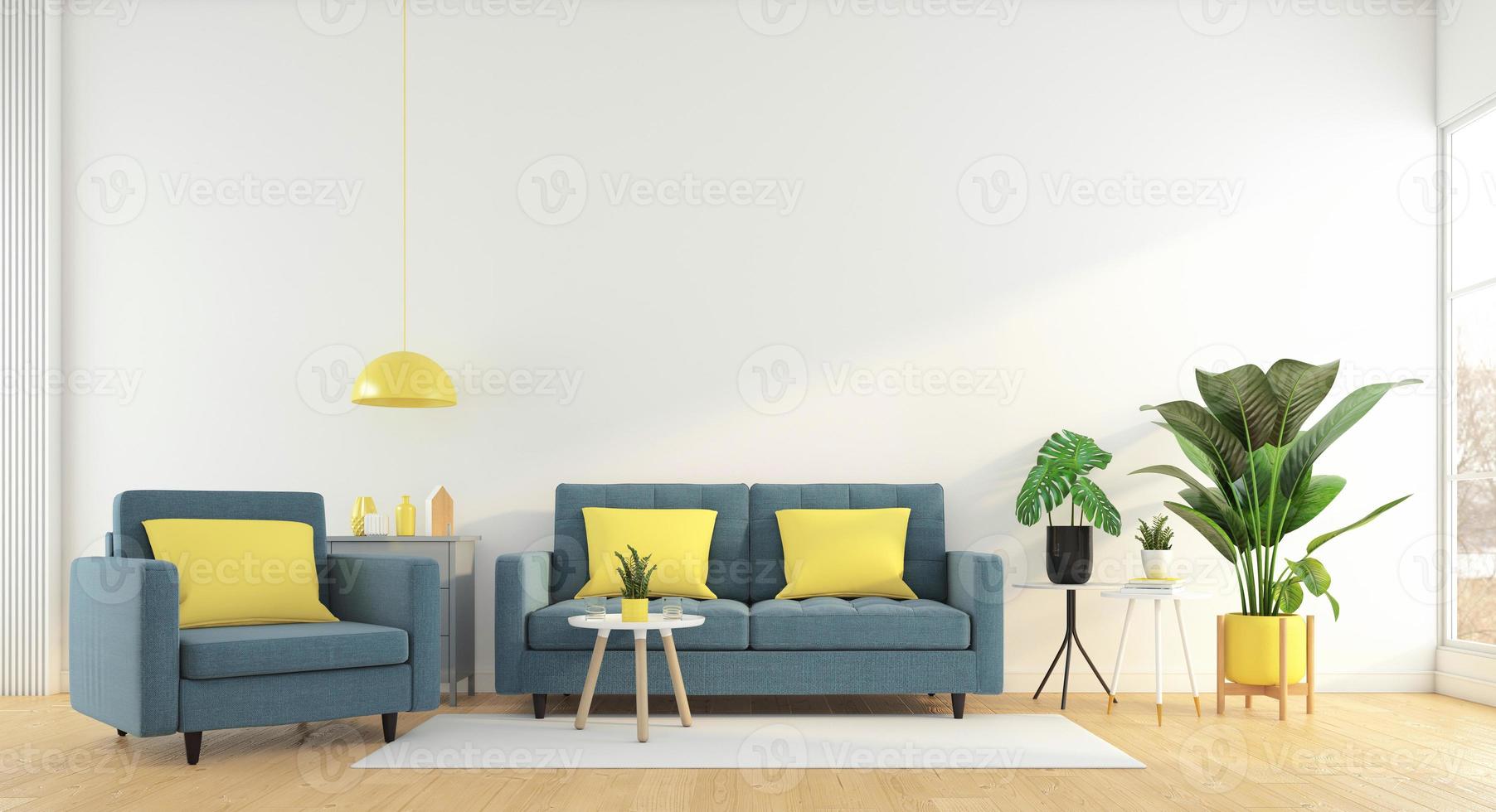 Minimalistisches Wohnzimmer mit Sofa und Sessel, weiße Wand und Holzboden, Beistelltisch, Grünpflanzen. 3D-Rendering foto