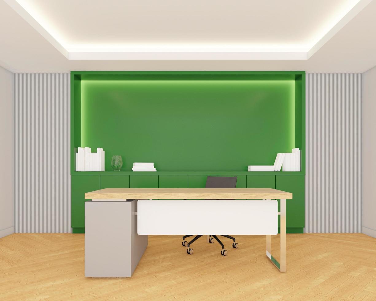 Arbeitsbereich mit Tisch und Stuhl, Regal und Schrank. 3D-Rendering foto