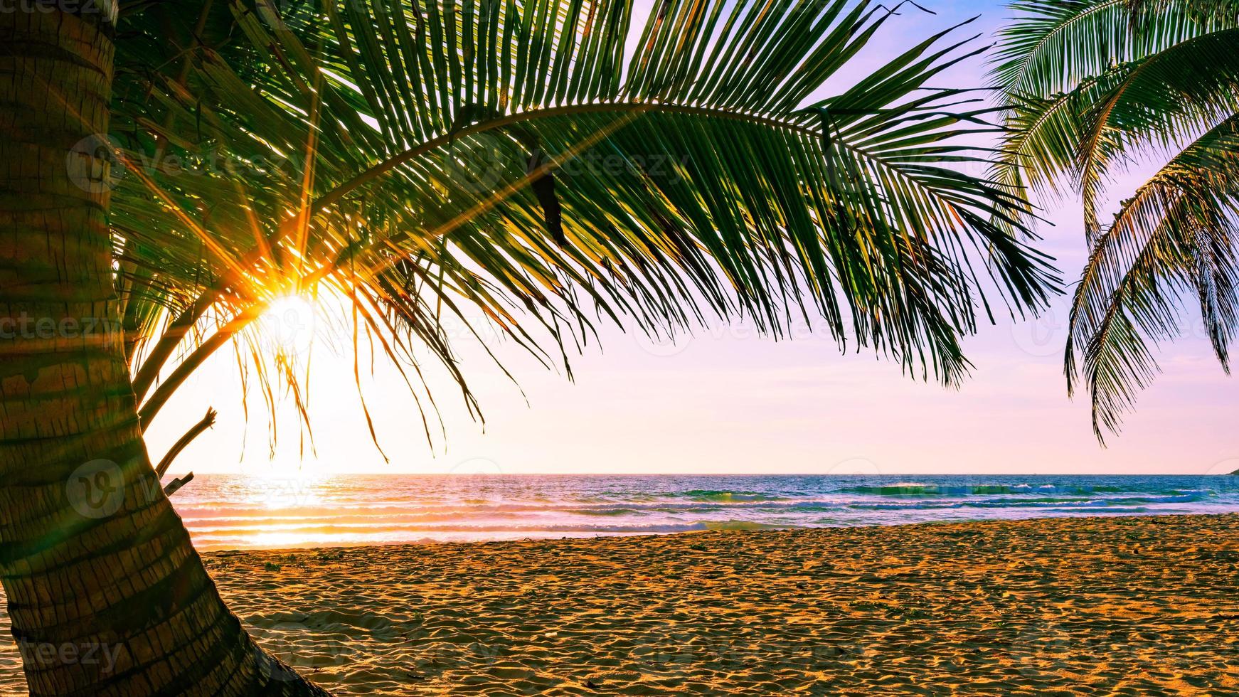 Strand Herbstferien Konzept Hintergrund Naturrahmen mit Kokospalmen am Strand mit Sonnenlicht Flare schöner Sonnenuntergang oder Sonnenaufgang Landschaftshintergrund foto