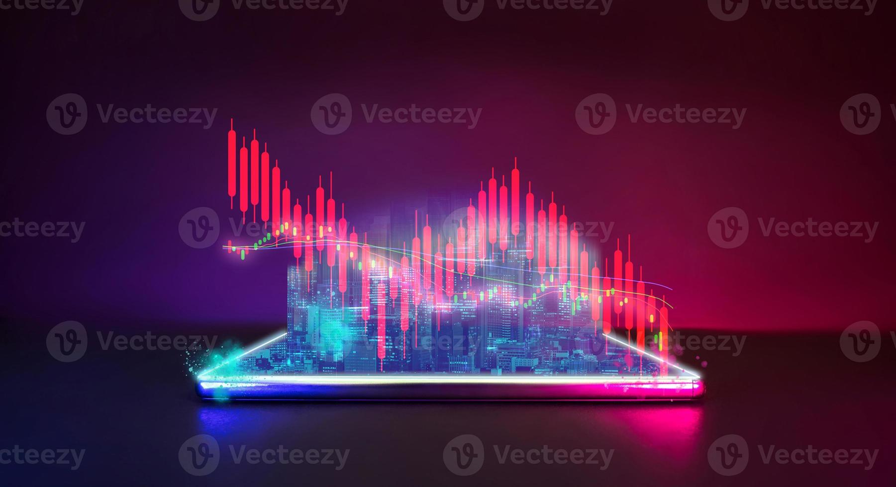 futuristischer stadtpop vom handy mit weltaktienwirtschaftsdiagramm ist von virus corona oder covid19 heruntergekommen foto