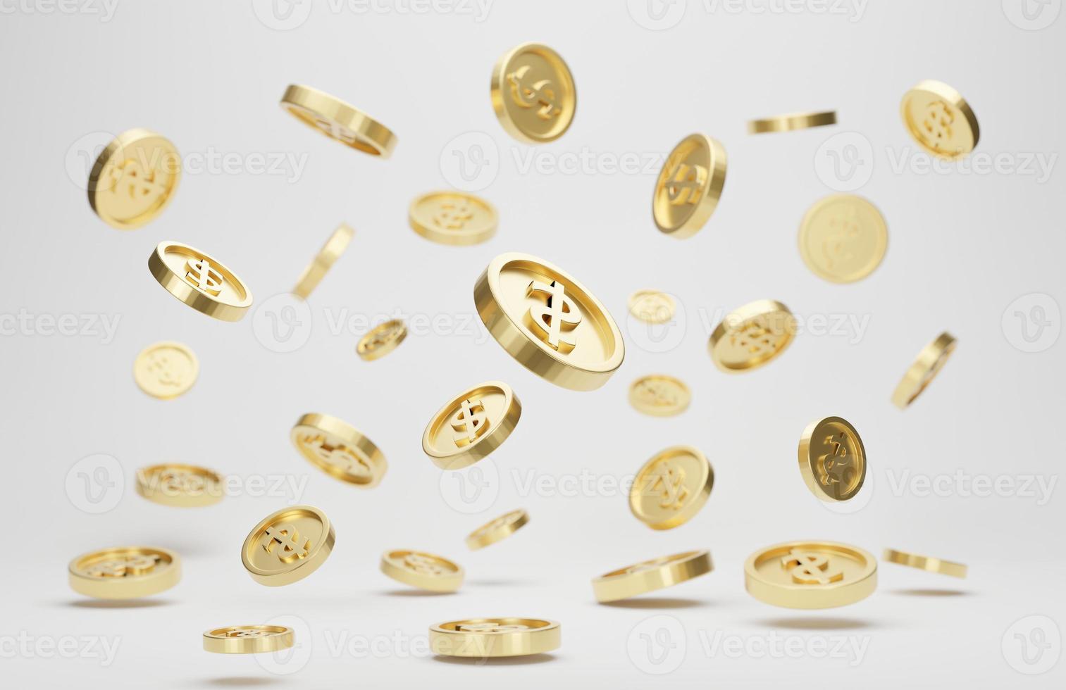 Goldmünzen mit Dollarzeichen, die isoliert auf weißem Hintergrund fallen oder fliegen. Jackpot- oder Casino-Poke-Konzept. 3D-Rendering. foto