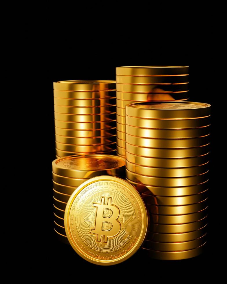 Die Goldmünze hat ein Bitcoin-Symbol. Kryptowährung Das Münzformat ist auf schwarzem Hintergrund gestapelt. Kryptowährungen für den Handel mit Rohstoffen, Unternehmen, Technologie. 3D-Rendering. foto