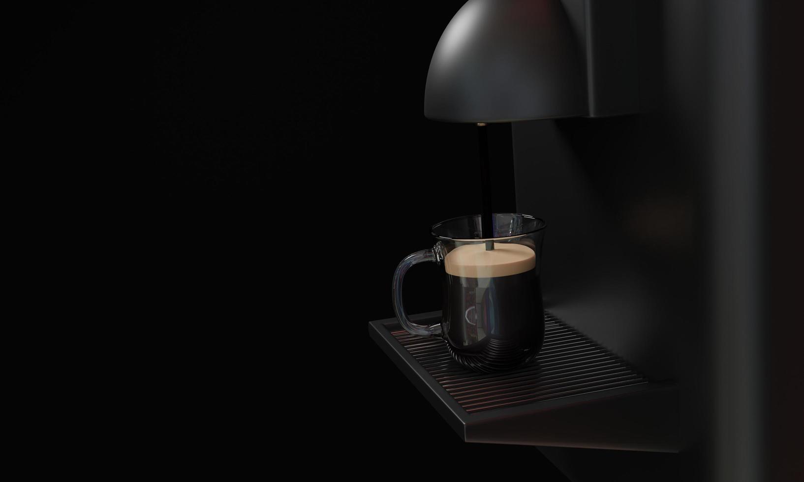 Espresso-Kaffeemaschine glänzend schwarz und glänzendes Metall. Kaffee wird in eine klare Kaffeetasse gegossen. platziert auf einem silbernen Metallgitter im schwarzen Hintergrund. 3D-Rendering foto