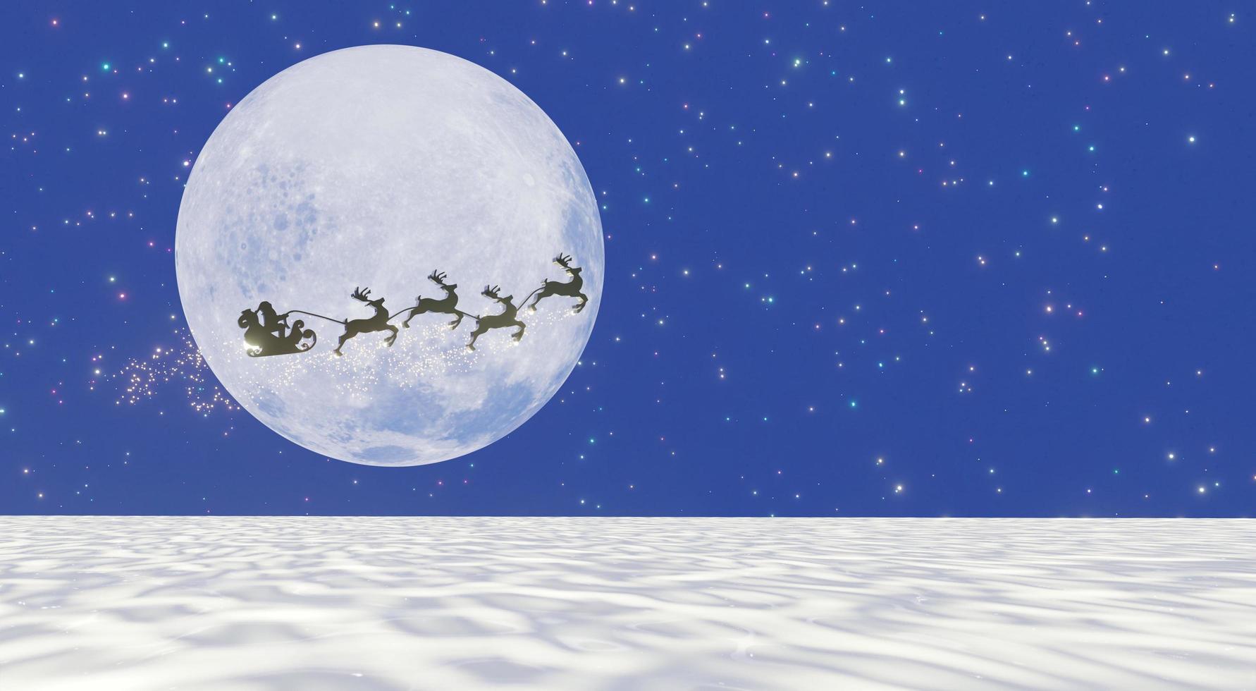 silhouette weihnachtsmann und rentier mit goldenem magischem funkeln, das im dunkelblauen himmel mit supervollmond und vielen sternen fliegt. konzept für heiligabend. 3D-Rendering. foto