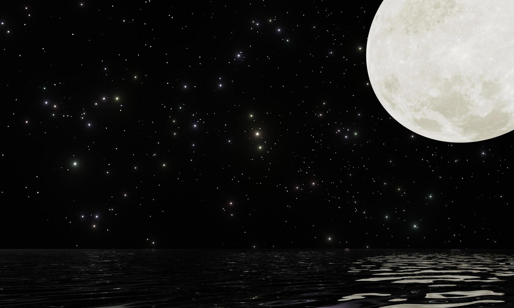 Vollmond mit vielen Sternen und Reflexion auf dunklem Nachthimmel des Wassers foto