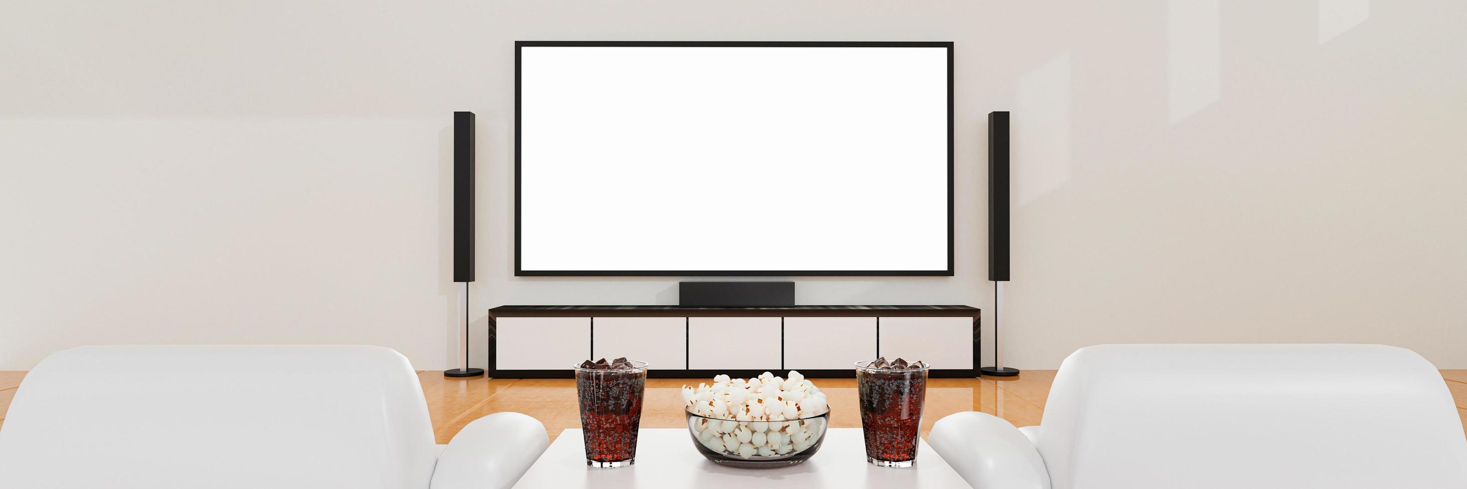 Heimkino an weißer Gipswand. Big Wall Screen TV und Audiogeräte für Mini-Heimkino. weißer Couchtisch auf Holzboden. Cola und Eiswürfel im Klarglas mit Popcorn. 3D-Rendering. foto