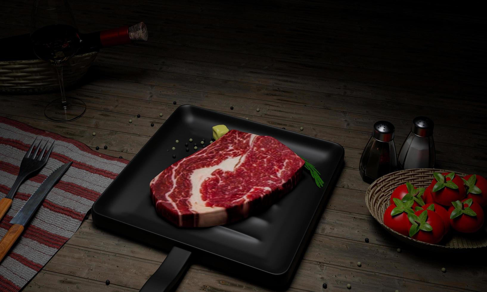 frisches rindfleisch für steaks mit olivenöl darauf auf eine teflonpfanne legen. Gewürz aus weißem Pfeffer und schwarzem Pfeffer, dekoriert mit Kirschtomaten. schwarzer Marmortisch gibt es ein Messer und eine Gabel foto