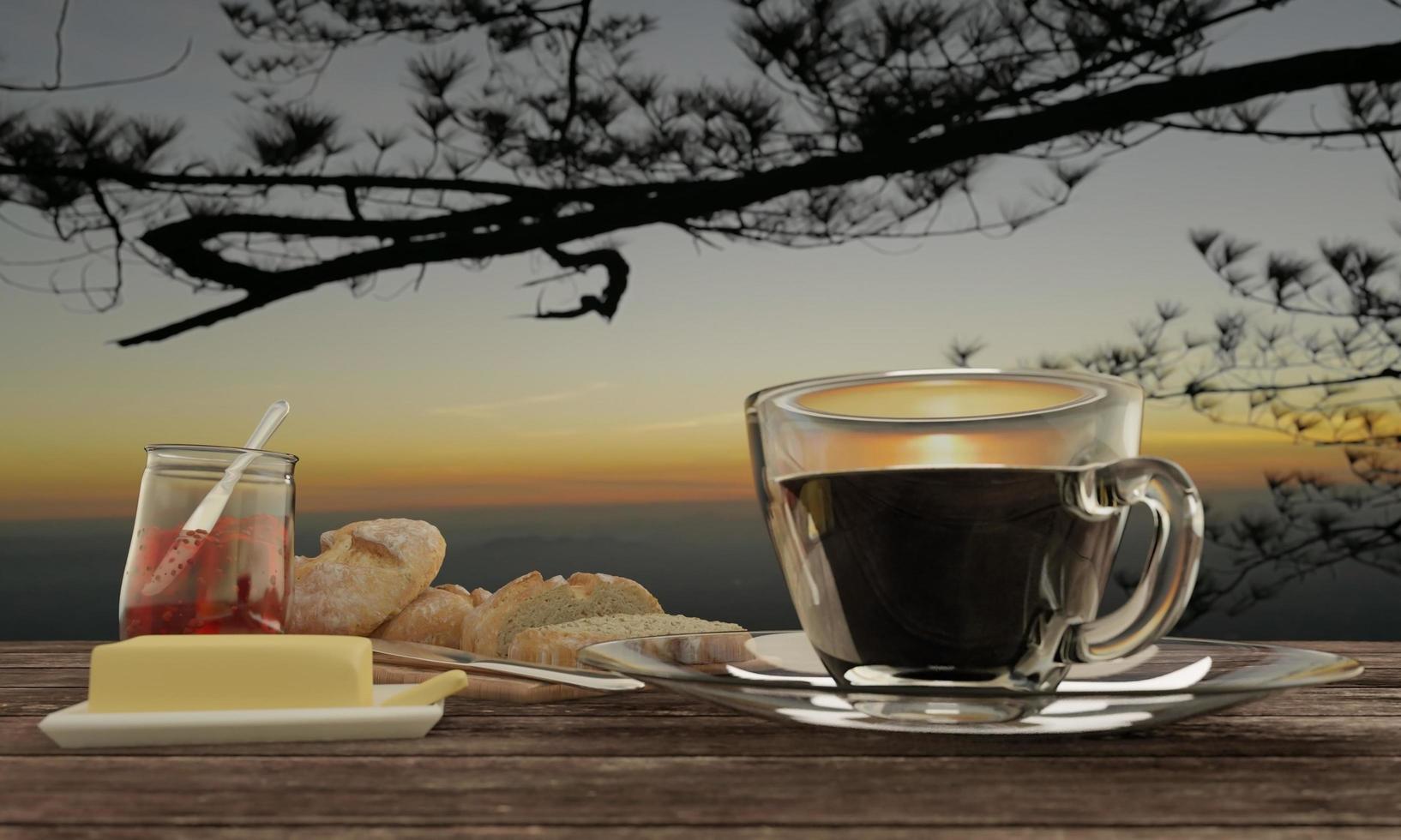 schwarzer kaffee in klarem glas und hausgemachtes brot auf metzger zum frühstückskonzept auf holztisch. Hintergrundunschärfe Bergblick und Sonnenaufgang. 3D-Rendering. foto