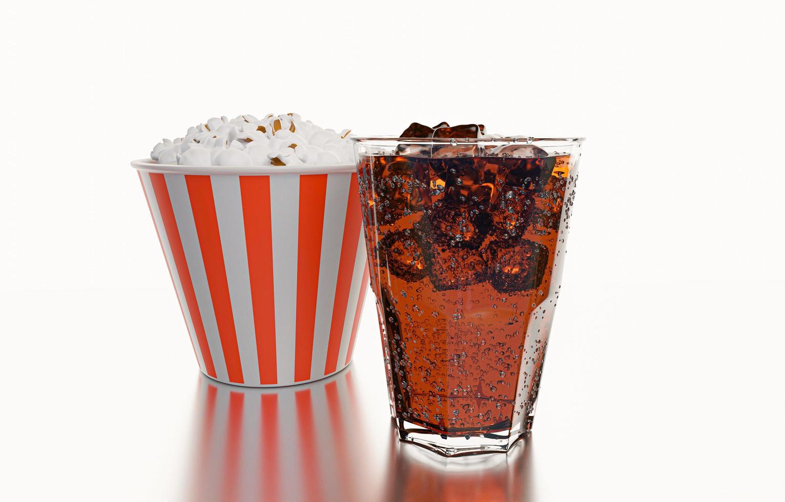 Cola-Glas mit Eiswürfeln und Popcorn im Popcorn-Eimer auf weißem Hintergrund und Reflexion. cola mit zerstoßenem eis im glas und es gibt wassertröpfchen herum. kühles schwarzes frisches Getränk. 3D-Rendering. foto