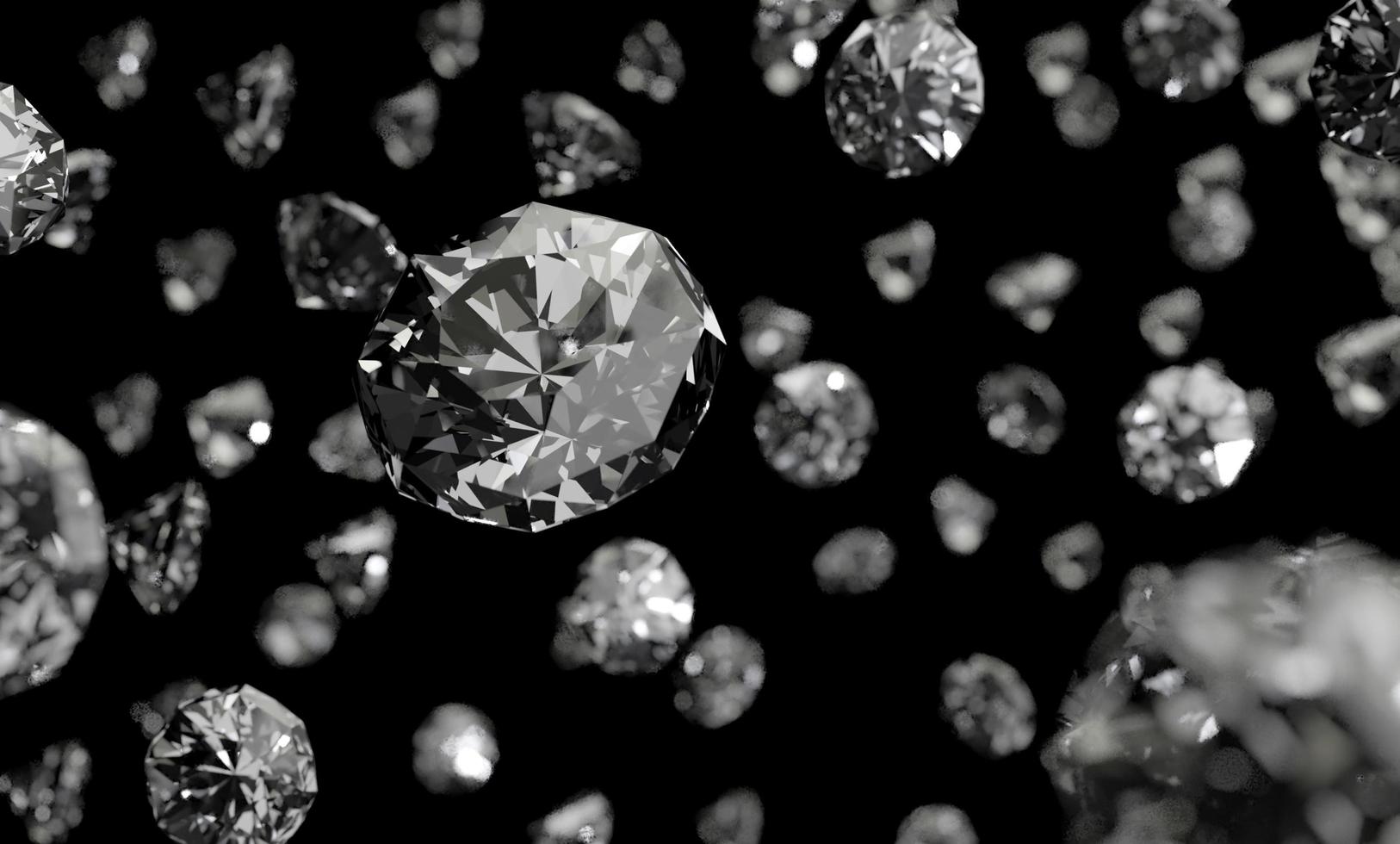Diamanten auf schwarzem Hintergrund mit reflektierender Oberfläche. 3D-Rendering. foto