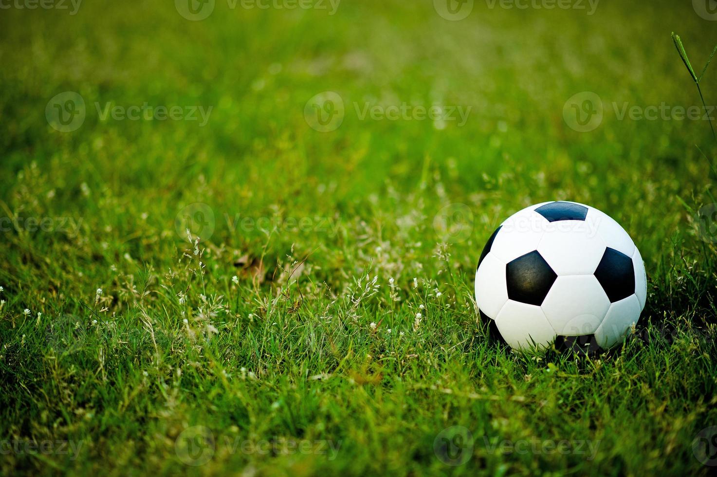der ball auf dem rasen im grünen feld auf dem fußballfeld bereit für die strafe. und fange an, ernsthaft Fußball zu spielen. foto