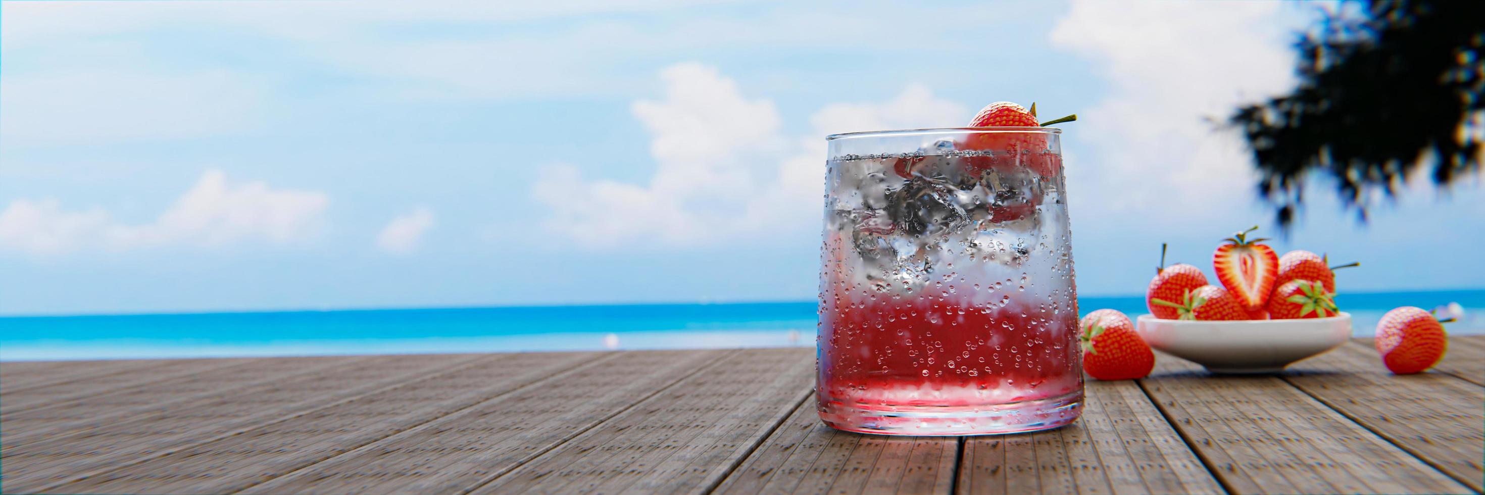 Mocktail Erdbeernektar mit Soda mischt keinen Alkohol. Frische Erdbeeren in einer Keramiktasse sind im Hintergrund unscharf auf einem Plankentisch platziert. das Restaurant am Strand und Meer. foto