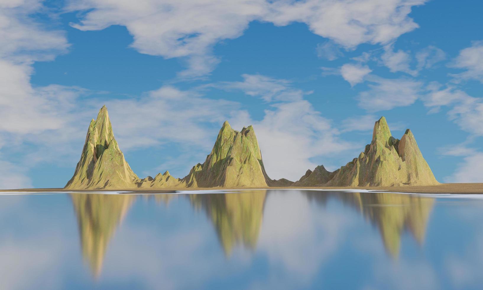 einsame Insel und dekorative Felsen. schöne geologische Inselfelsen und Strand. Insel im Ozean mit blauem Himmel und weißen Wolken. 3D-Rendering. foto