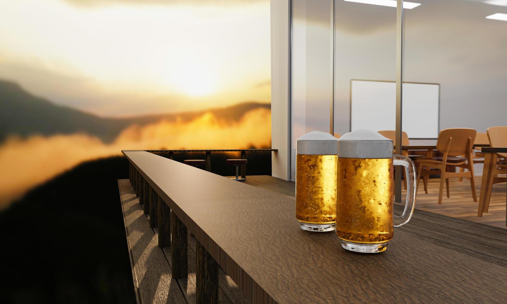 kaltes bier in einer klaren glasblase und bierschaum auf einem langen holztisch auf der restaurantterrasse am berg. Der Hintergrund sind komplexe Berge und morgendliche Sonnenaufgänge. 3D-Rendering foto