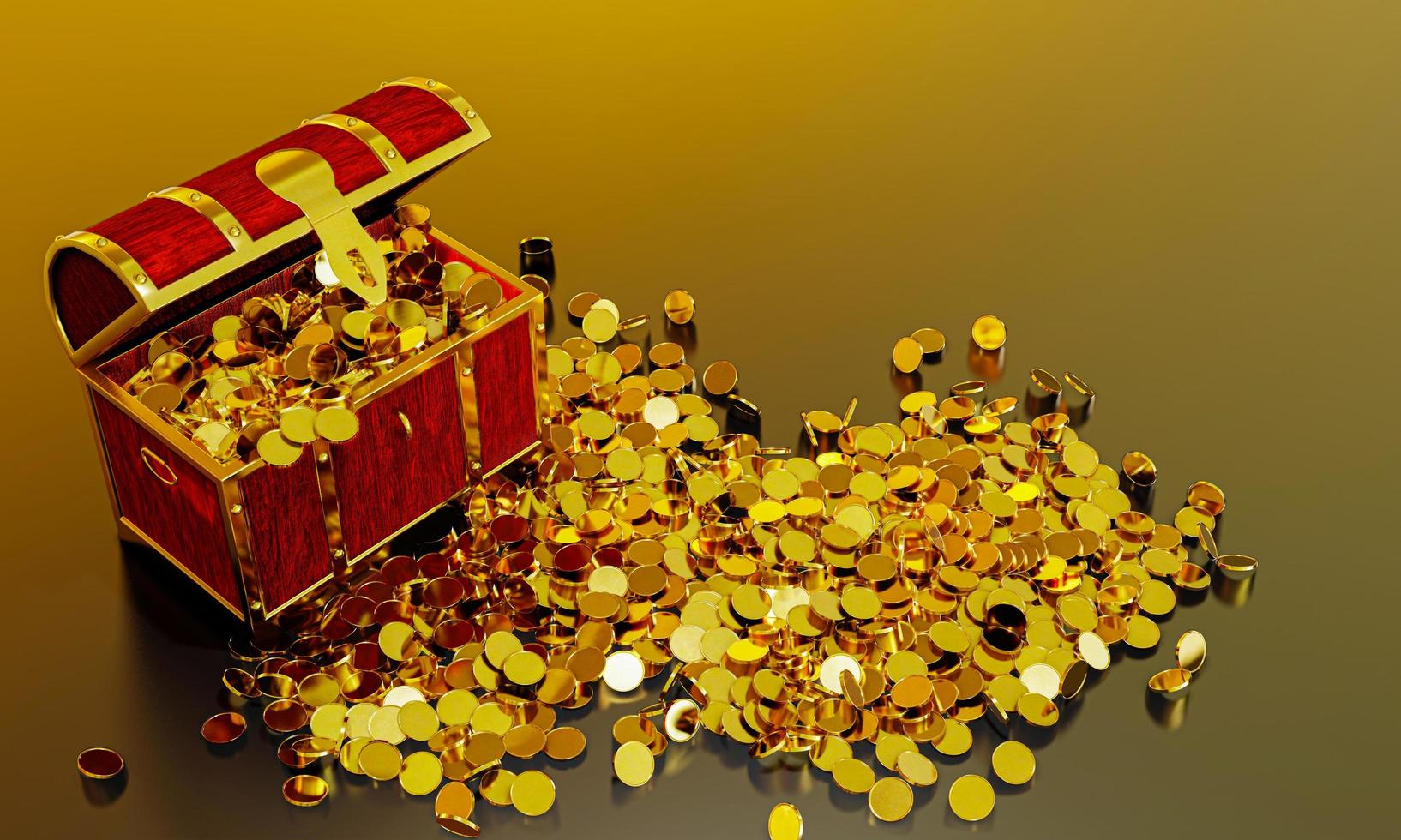 viele verteilen Goldmünzen flogen aus der Schatztruhe. eine Schatzkiste aus Gold, luxuriös, teuer. Eine alte Schatzkiste, die mit ausgeworfenen Goldmünzen geöffnet wurde. 3D-Rendering. foto